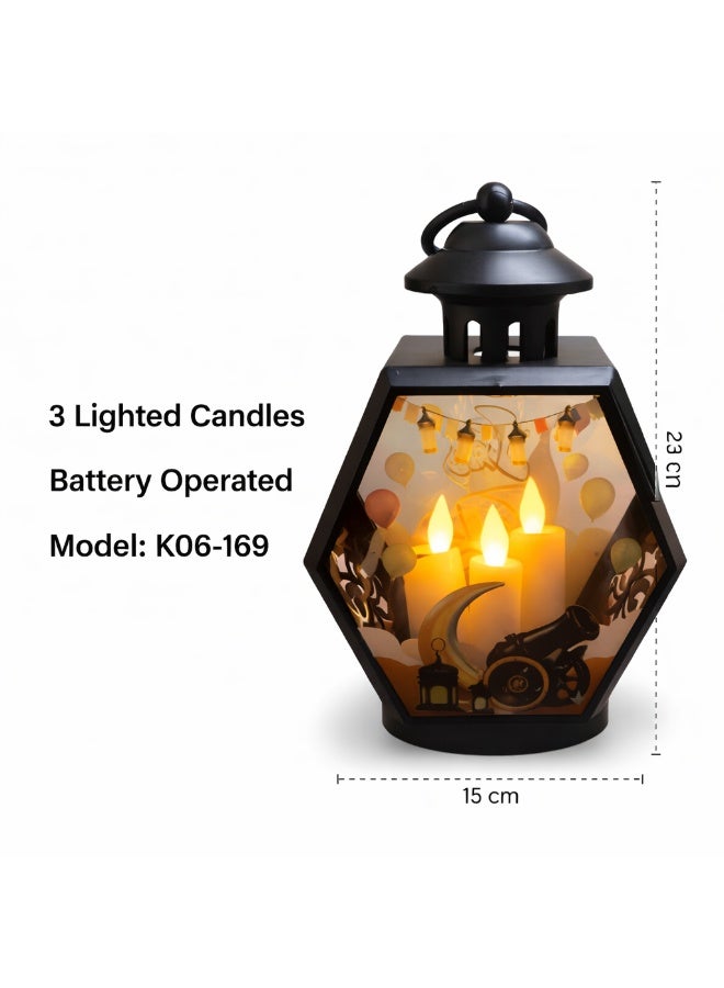 Black Acrylic Ramadan Lantern 23 Cm – 3 Led Candles – Shelf & Hanging Use – Model K06-169 - Image 1